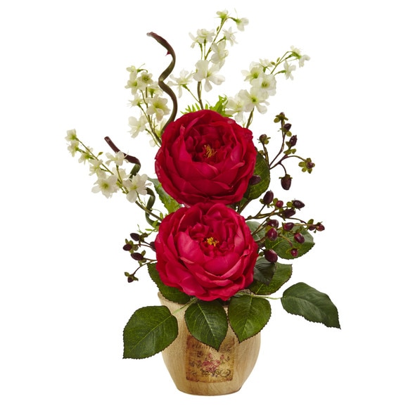 Large Rose and Dancing Daisy in Wooden Pot - SKU #1447