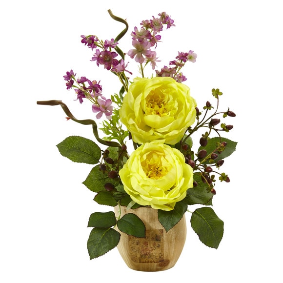 Large Rose and Dancing Daisy in Wooden Pot - SKU #1447 - 2