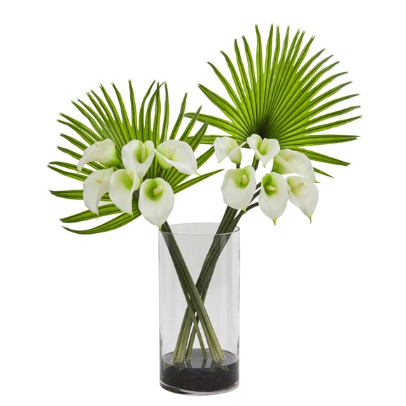 Calla Lily and Fan Palm Artificial Arrangement in Cylinder Glass - SKU #1524 - 3