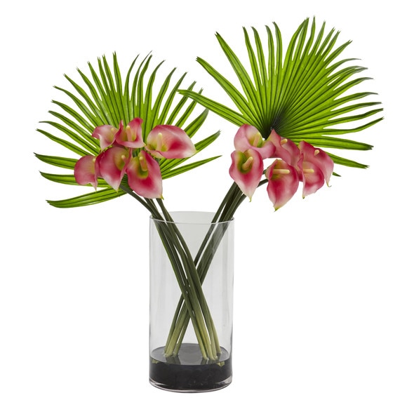 Calla Lily and Fan Palm Artificial Arrangement in Cylinder Glass - SKU #1524 - 1