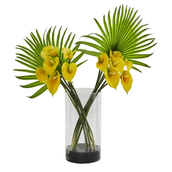 Calla Lily and Fan Palm Artificial Arrangement in Cylinder Glass - SKU #1524 - 2