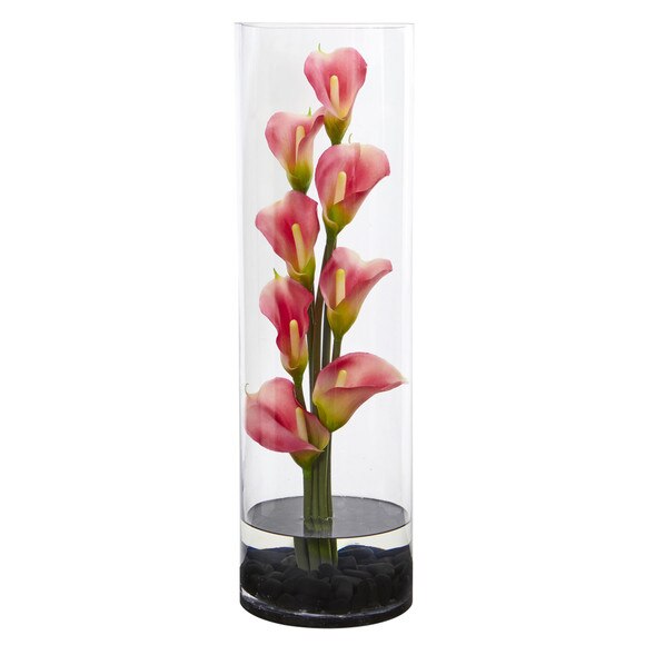 20 Calla Lily Artificial Arrangement in Cylinder Glass - SKU #1528-CR - 1