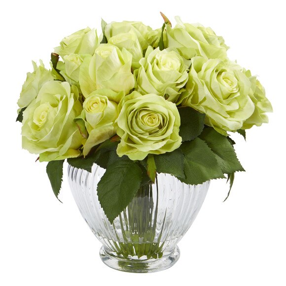 9 Rose Artificial Floral Arrangement in Elegant Glass Vase - SKU #1539-GR - 1