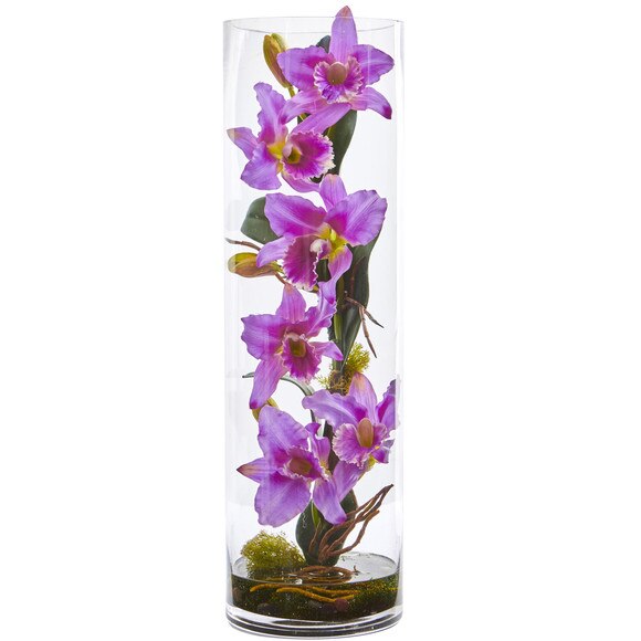 20 Cattleya Orchid Artificial Floral Arrangement in Cylinder Vase - SKU #1540-WH