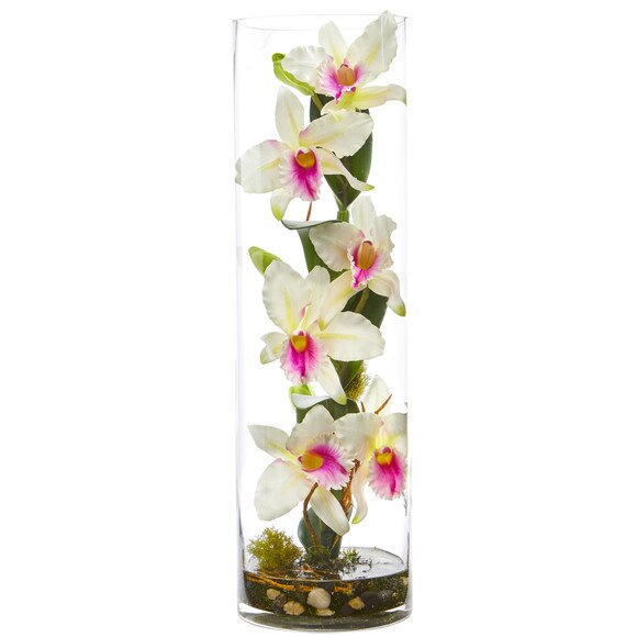 20 Cattleya Orchid Artificial Floral Arrangement in Cylinder Vase - SKU #1540-WH - 2