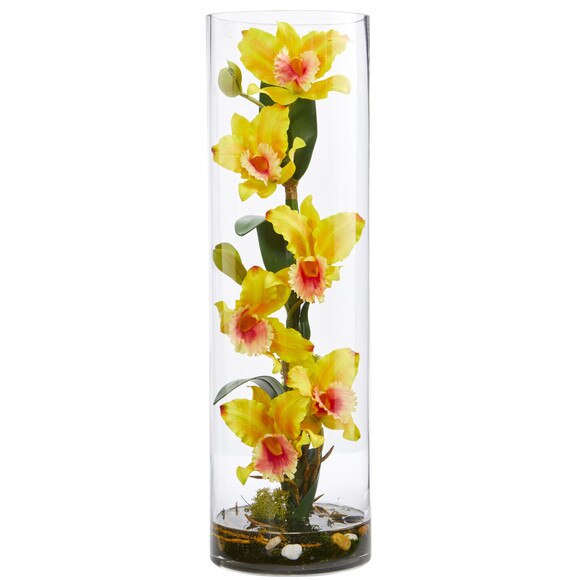 20 Cattleya Orchid Artificial Floral Arrangement in Cylinder Vase - SKU #1540-WH - 4