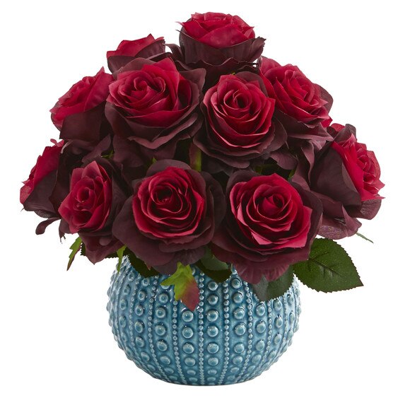 11.5 Rose Artificial Arrangement in Blue Ceramic Vase - SKU #1542-WH - 3