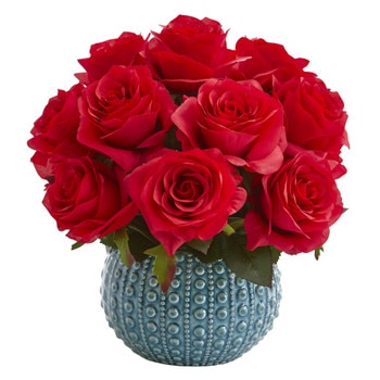 11.5 Rose Artificial Arrangement in Blue Ceramic Vase - SKU #1542-WH