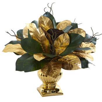 18 Magnolia Leaf Artificial Arrangement in Gold Planter - SKU #1557