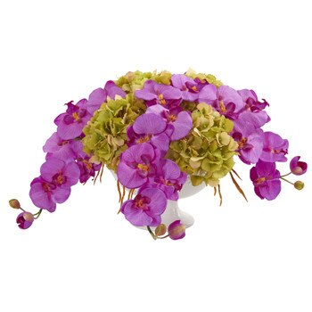 Phaleanopsis and Hydrangea Artificial Arrangement in Pedestal Urn - SKU #1562-OR