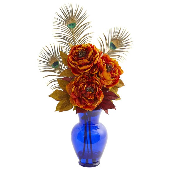 Peony in Blue Vase Artificial Arrangement - SKU #1565-YL - 2