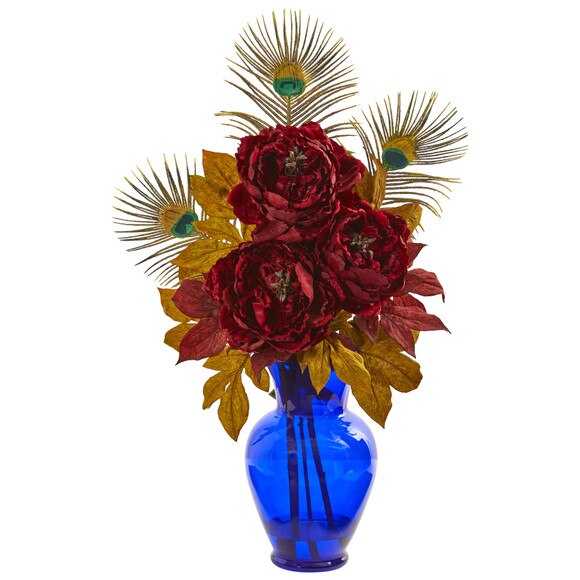 Peony in Blue Vase Artificial Arrangement - SKU #1565-YL