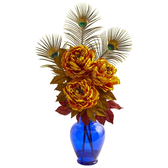 Peony in Blue Vase Artificial Arrangement - SKU #1565-YL - 1