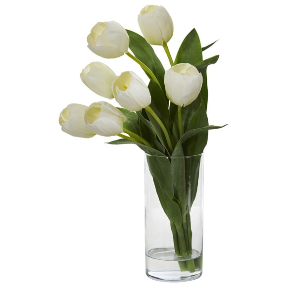 Tulip Artificial Arrangement in Cylinder Vase - SKU #1574-WH