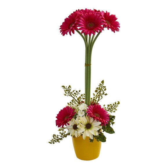 Gerber Daisy Artificial Arrangement in Ceramic Vase - SKU #1628-BU