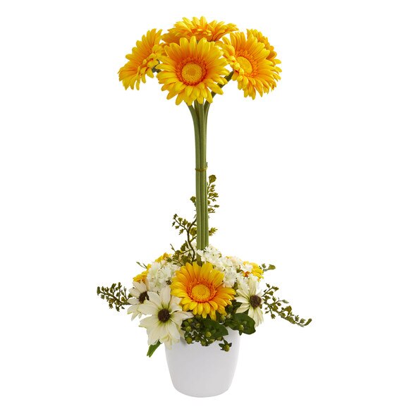Gerber Daisy Artificial Arrangement in Ceramic Vase - SKU #1628-BU - 4