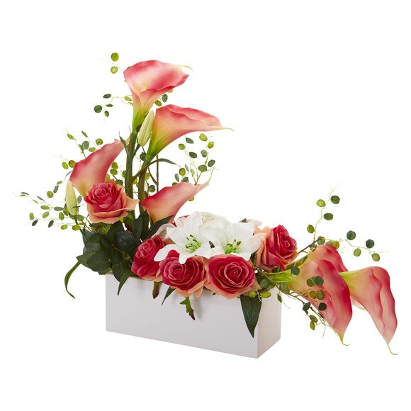 Mixed Lily and Rose Artificial Arrangement - SKU #1639-WH - 2