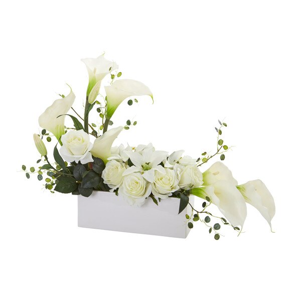 Mixed Lily and Rose Artificial Arrangement - SKU #1639-WH - 4