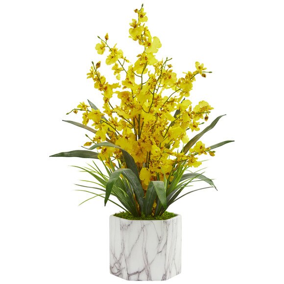 Dancing Lady Orchid Artificial Arrangement in Marble Finished Vase - SKU #1642-WH - 2