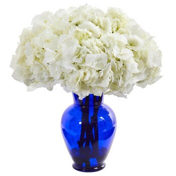 Hydrangea Artificial Arrangement in Blue Vase - SKU #1655-WH