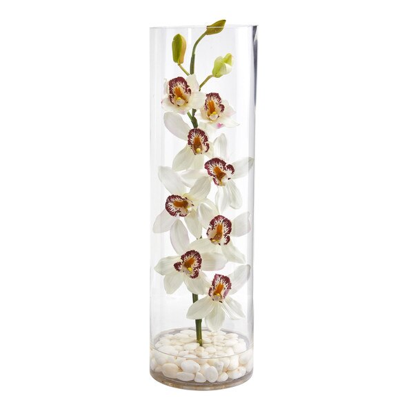 Cymbidium Orchid Artificial Arrangement in Tall Cylinder Vase - SKU #1710-WH