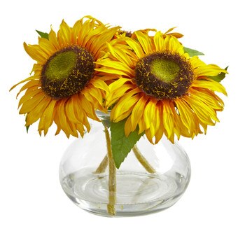 Sunflower Artificial Arrangement in Glass Vase - SKU #1796