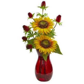 Sunflower and Thistle Artificial Arrangement in Red Vase - SKU #1797