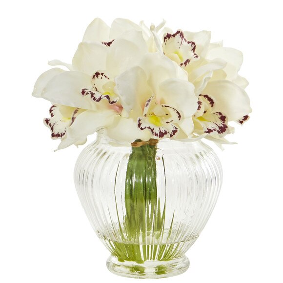 Cymbidium Orchid Artificial Arrangement in Glass Vase - SKU #1802 - 2