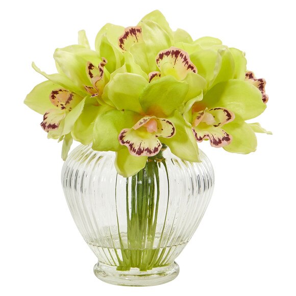 Cymbidium Orchid Artificial Arrangement in Glass Vase - SKU #1802 - 3