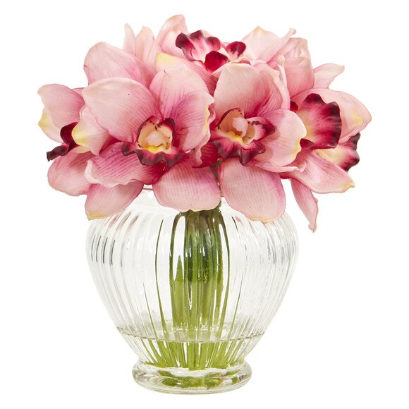 Cymbidium Orchid Artificial Arrangement in Glass Vase - SKU #1802