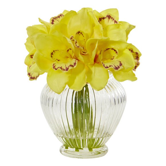 Cymbidium Orchid Artificial Arrangement in Glass Vase - SKU #1802 - 1