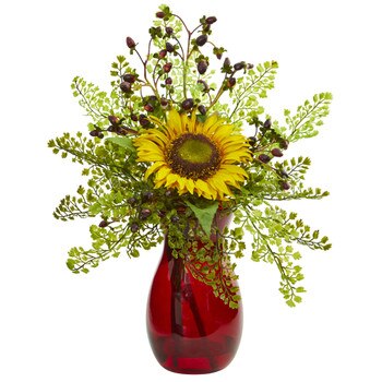 Sunflower Maiden Hair Coffee Leaf Artificial Arrangement - SKU #1815
