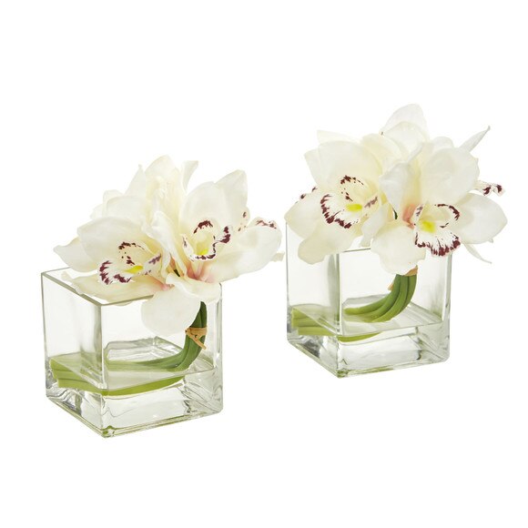 Cymbidium Orchid Artificial Arrangement in Glass Vase Set of 2 - SKU #1824-S2-GR - 2