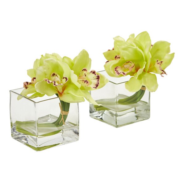 Cymbidium Orchid Artificial Arrangement in Glass Vase Set of 2 - SKU #1824-S2-GR - 5
