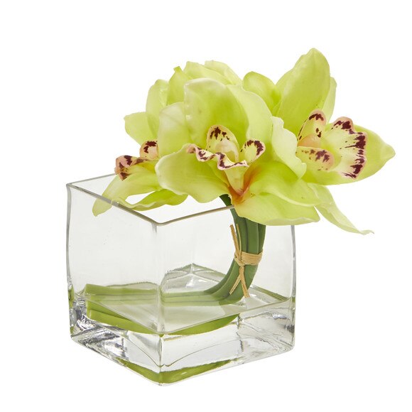 Cymbidium Orchid Artificial Arrangement in Glass Vase Set of 2 - SKU #1824-S2-GR - 6