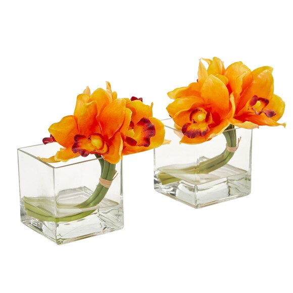 Cymbidium Orchid Artificial Arrangement in Glass Vase Set of 2 - SKU #1824-S2-GR - 3