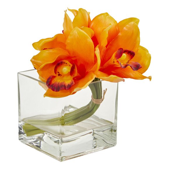 Cymbidium Orchid Artificial Arrangement in Glass Vase Set of 2 - SKU #1824-S2-GR - 4