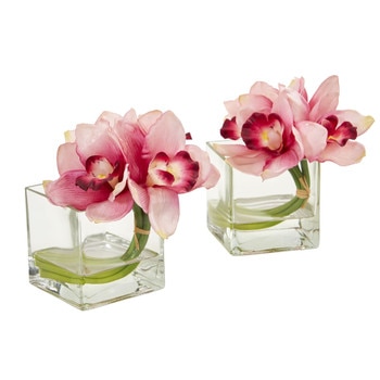 Cymbidium Orchid Artificial Arrangement in Glass Vase Set of 2 - SKU #1824-S2