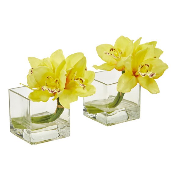 Cymbidium Orchid Artificial Arrangement in Glass Vase Set of 2 - SKU #1824-S2-GR