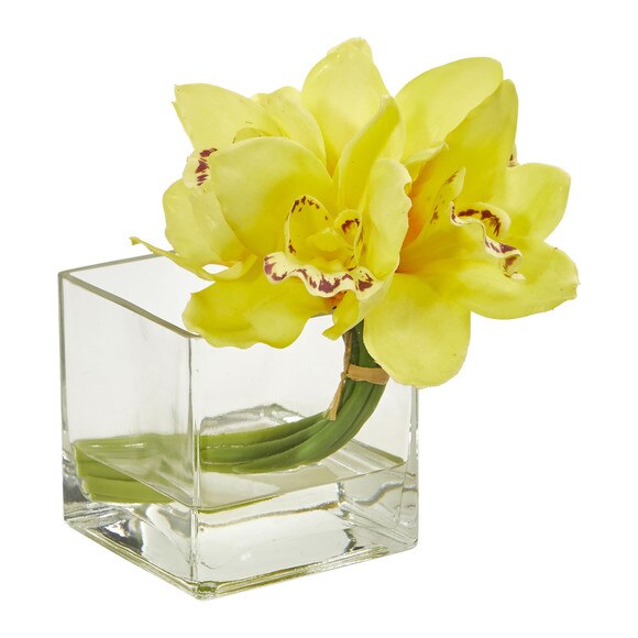 Cymbidium Orchid Artificial Arrangement in Glass Vase Set of 2 - SKU #1824-S2-GR - 1