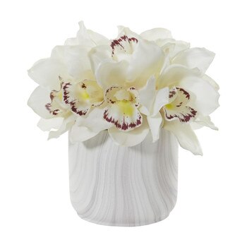 Cymbidium Orchid Artificial Arrangement in Marble Vase - SKU #1877-OG