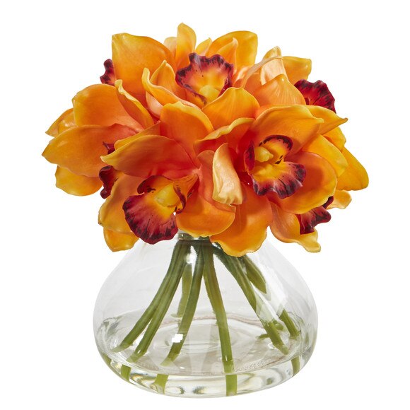 Cymbidium Orchid Artificial Arrangement in Glass Vase - SKU #1912 - 2