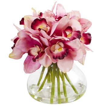 Cymbidium Orchid Artificial Arrangement in Glass Vase - SKU #1912