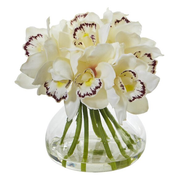 Cymbidium Orchid Artificial Arrangement in Glass Vase - SKU #1912