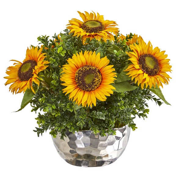 Sunflower Artificial Arrangement in Silver Vase - SKU #1960