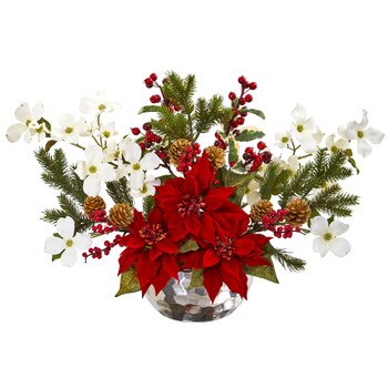 Poinsettia Dogwood Berry and Pine Artificial Arrangement in Silver Vase - SKU #1983