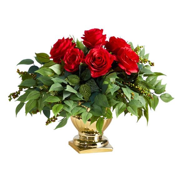 14 Rose Artificial Arrangement in Gold Urn - SKU #1989-RD