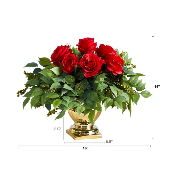 14 Rose Artificial Arrangement in Gold Urn - SKU #1989-RD - 1