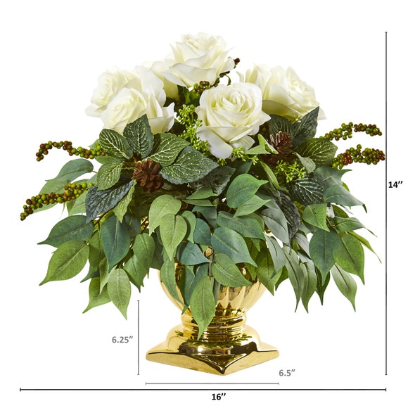 14 Rose Artificial Arrangement in Gold Urn - SKU #1989-RD - 5