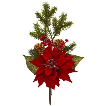 17 Poinsettia Berry Pine Pick - SKU #2241